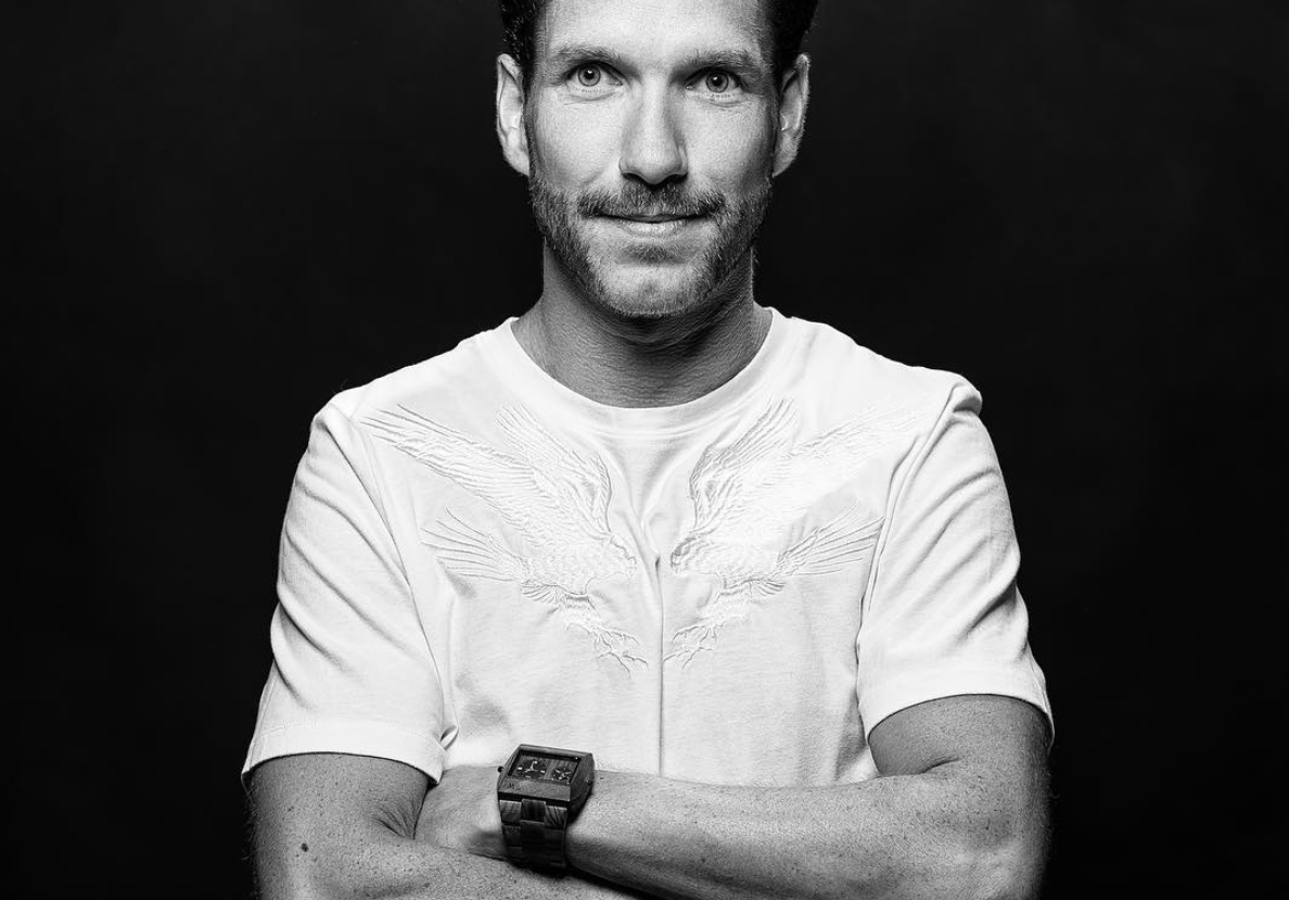 Black and white portrait of male house DJ